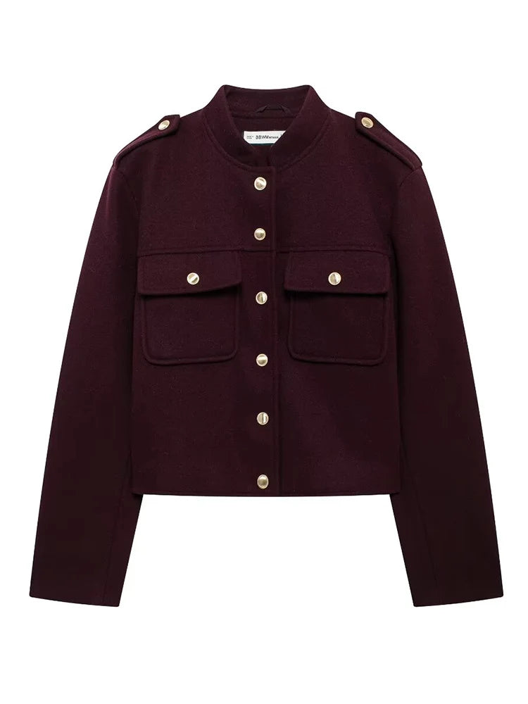 TRAF Autumn Winter Women Solid Jackets 2024 Fashion Long Sleeve Single Breasted Tops Lady Casual Pockets Streetwear Style Coats