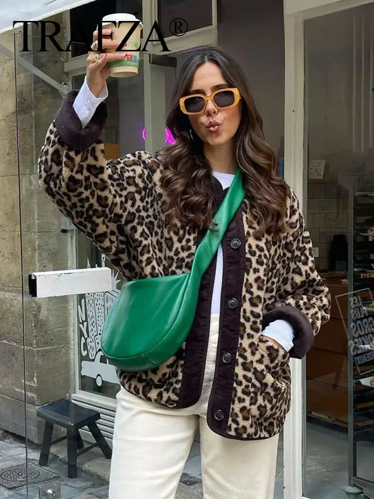 TRAFZA Women Fashion Winter Leopard Print Coat Long Sleeves Loose Single Breasted Female Top Pockets Streetwear Woman Cardigan