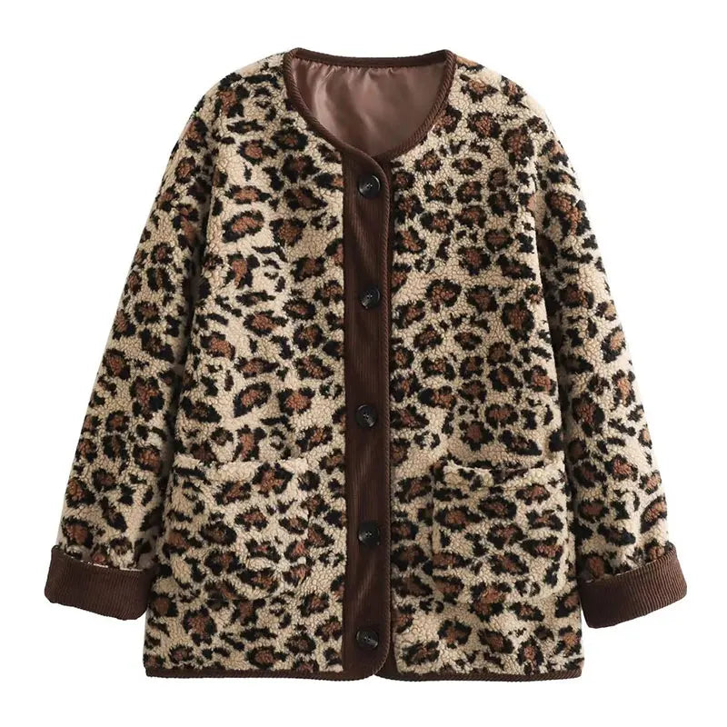 TRAFZA Women Fashion Winter Leopard Print Coat Long Sleeves Loose Single Breasted Female Top Pockets Streetwear Woman Cardigan