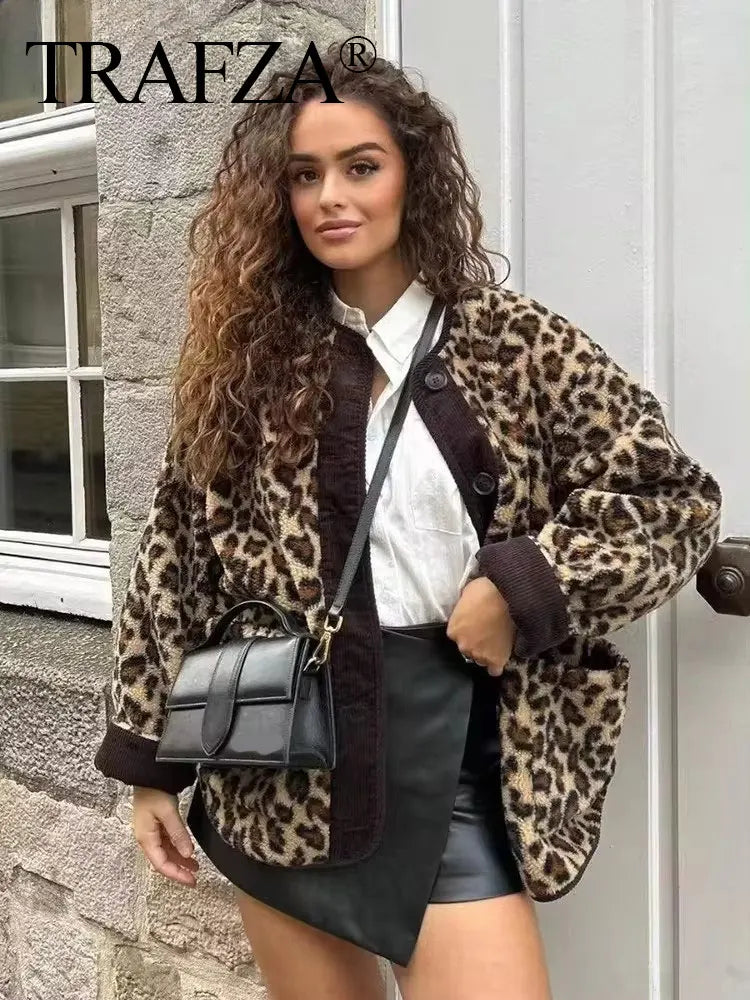 TRAFZA Women Fashion Winter Leopard Print Coat Long Sleeves Loose Single Breasted Female Top Pockets Streetwear Woman Cardigan